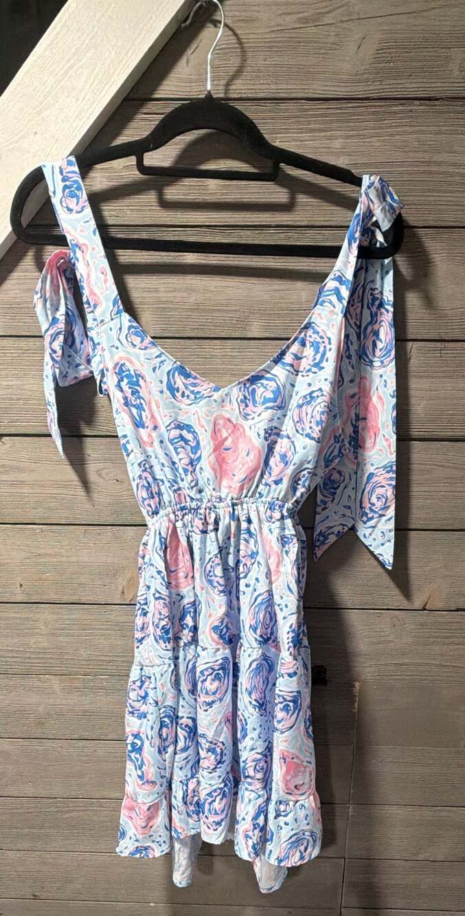 Simply Southern Dress Size L Pink Blue Oyster Shell Tie Strap Ruffle